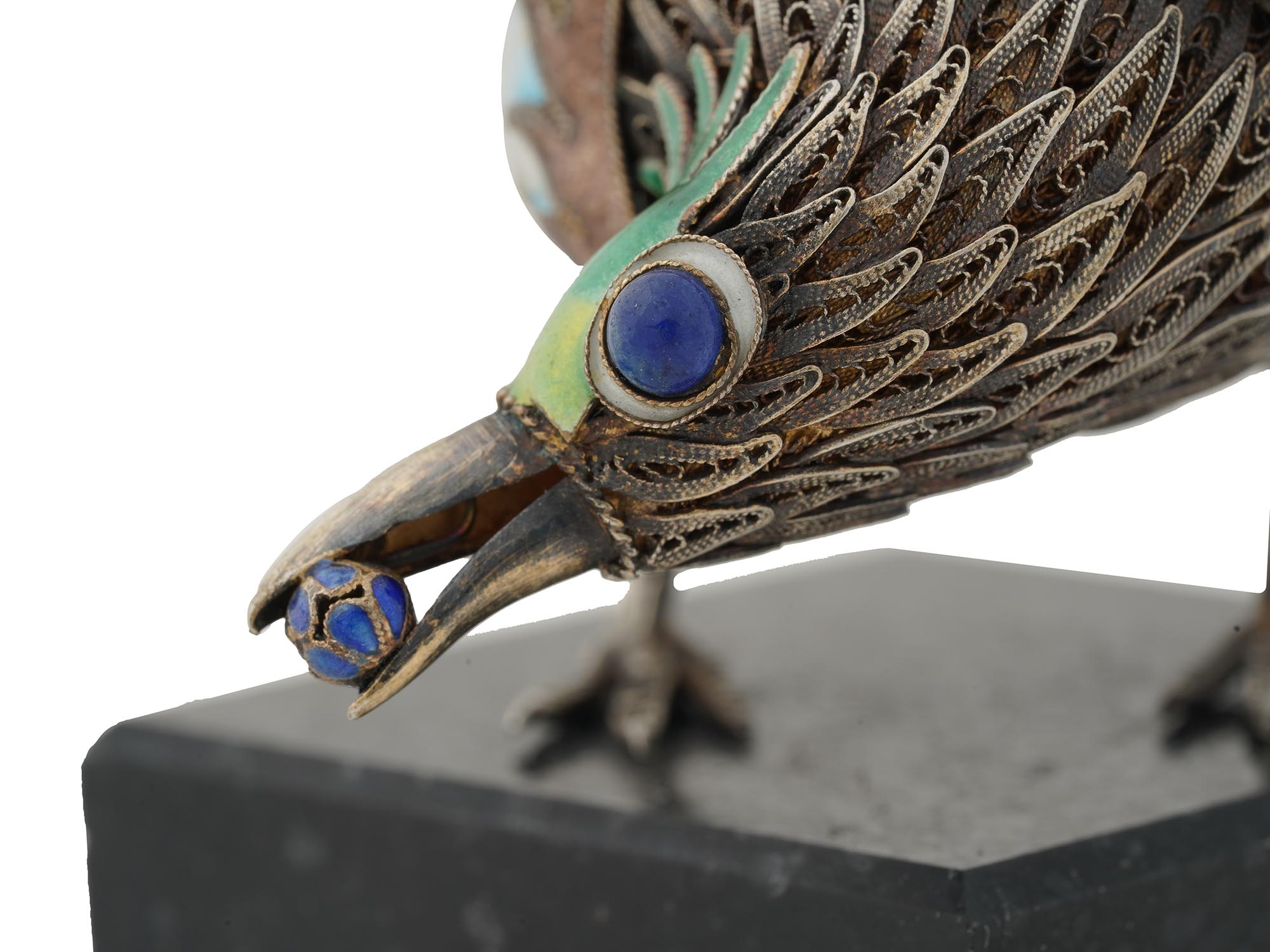 RUSSIAN SILVER AND ENAMEL BIRD ON A MARBLE STAND PIC-6